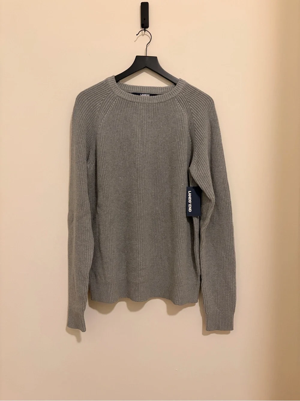 Lands' End Men's Light Gray Ribbed Chunky Cotton Crewneck Sweater